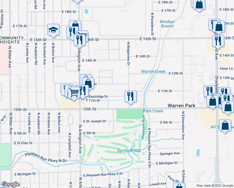 map of restaurants, bars, coffee shops, grocery stores, and more near 6210 Eastridge Drive in Indianapolis