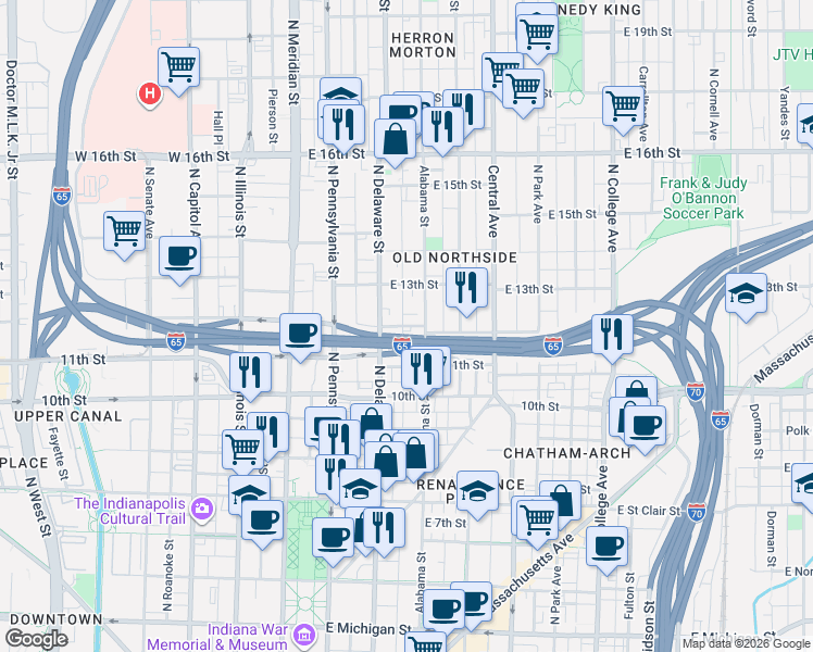 map of restaurants, bars, coffee shops, grocery stores, and more near 277 East 12th Street in Indianapolis