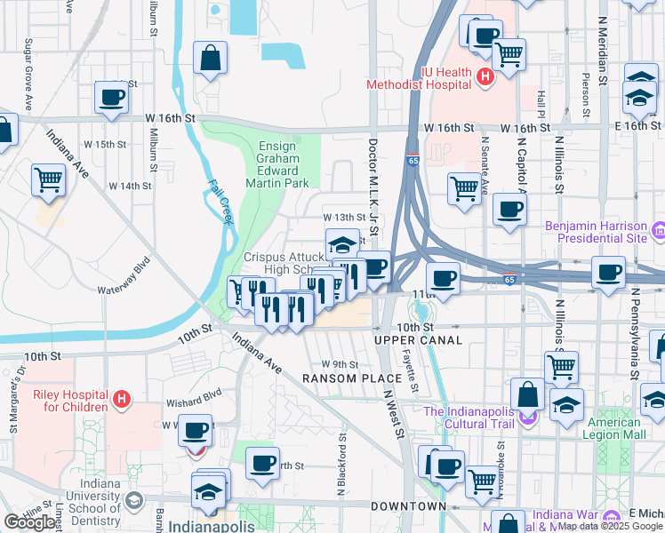 map of restaurants, bars, coffee shops, grocery stores, and more near 16 West 12th Street in Indianapolis