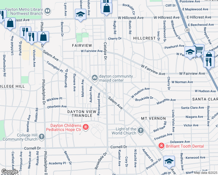 map of restaurants, bars, coffee shops, grocery stores, and more near 1926 Catalpa Drive in Dayton