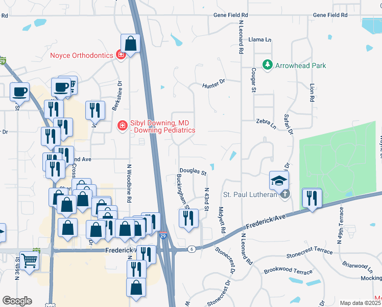map of restaurants, bars, coffee shops, grocery stores, and more near 4217 Oakland Circle in Saint Joseph