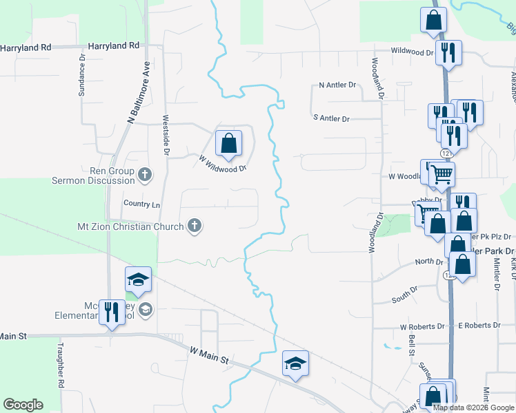 map of restaurants, bars, coffee shops, grocery stores, and more near 901 Dee Lee Lane in Mount Zion