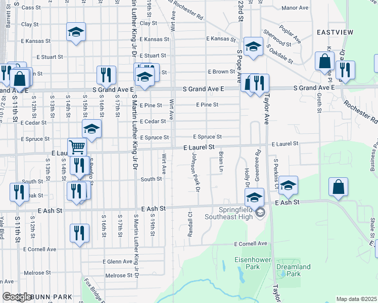 map of restaurants, bars, coffee shops, grocery stores, and more near 2018 East Laurel Street in Springfield