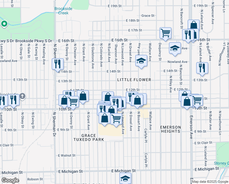map of restaurants, bars, coffee shops, grocery stores, and more near 1120 Shannon Avenue in Indianapolis