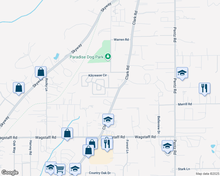 map of restaurants, bars, coffee shops, grocery stores, and more near 1423 Kilcrease Cir in Paradise
