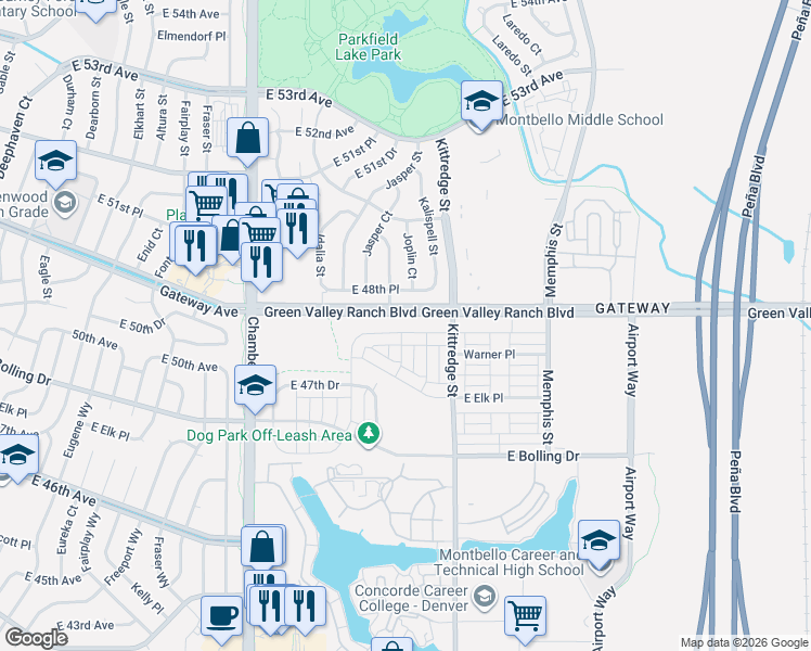 map of restaurants, bars, coffee shops, grocery stores, and more near 15802 North Joplin Street in Denver