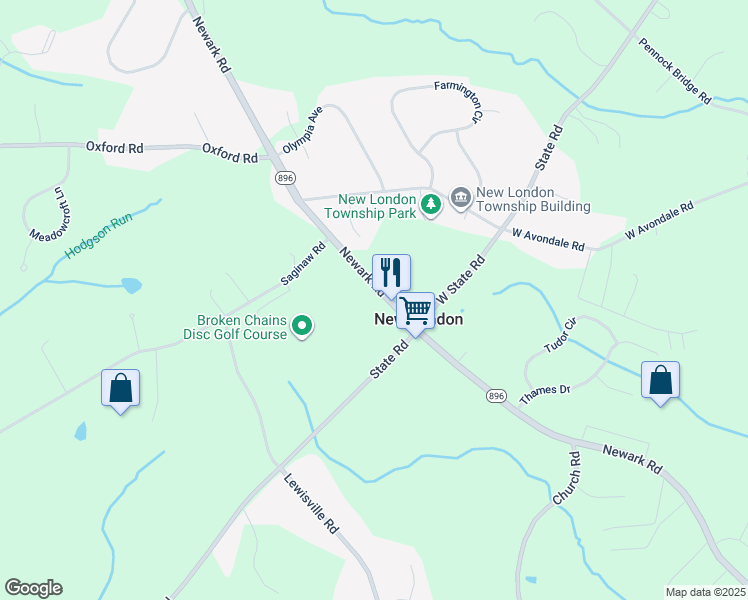 map of restaurants, bars, coffee shops, grocery stores, and more near 2063 Newark Road in Lincoln University