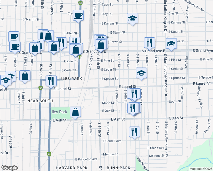 map of restaurants, bars, coffee shops, grocery stores, and more near 1127 East Laurel Street in Springfield