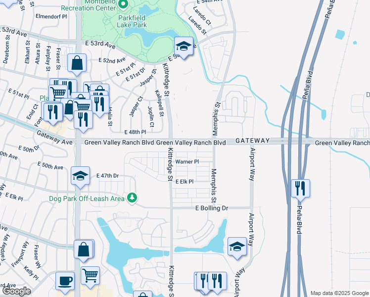 map of restaurants, bars, coffee shops, grocery stores, and more near 16046 Warner Drive in Denver
