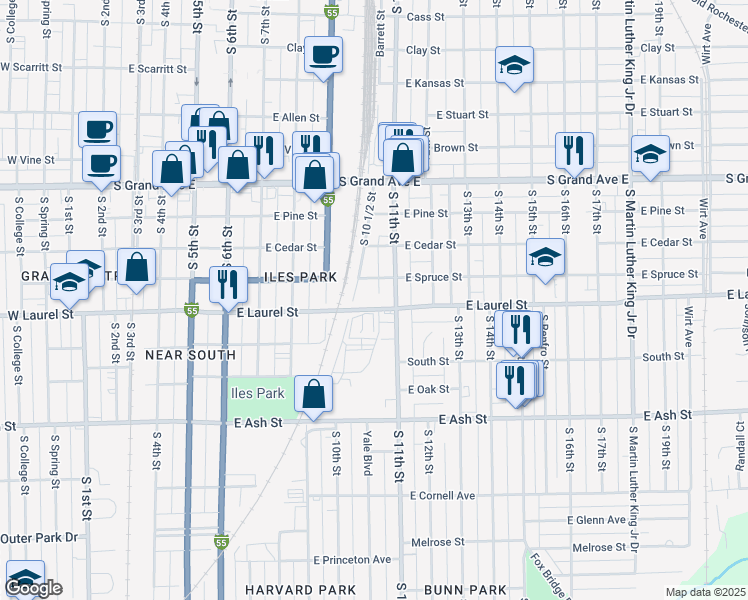 map of restaurants, bars, coffee shops, grocery stores, and more near 1021 East Laurel Street in Springfield