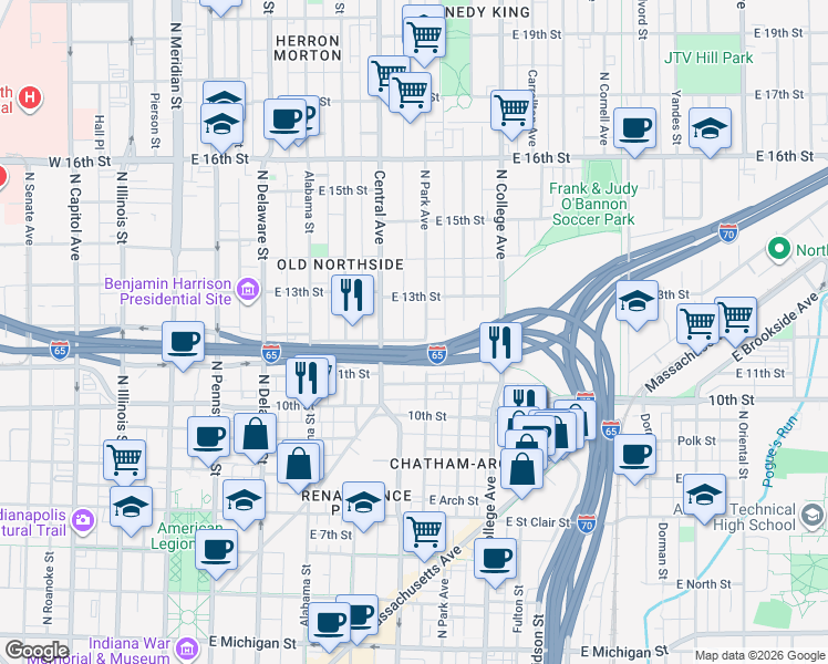 map of restaurants, bars, coffee shops, grocery stores, and more near 1204 North Park Avenue in Indianapolis