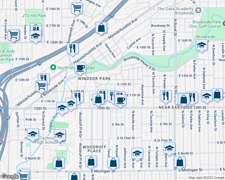 map of restaurants, bars, coffee shops, grocery stores, and more near 1106 North Hamilton Avenue in Indianapolis