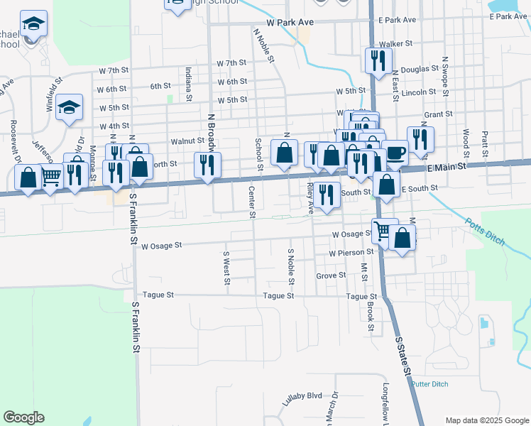 map of restaurants, bars, coffee shops, grocery stores, and more near 121 Center Street in Greenfield