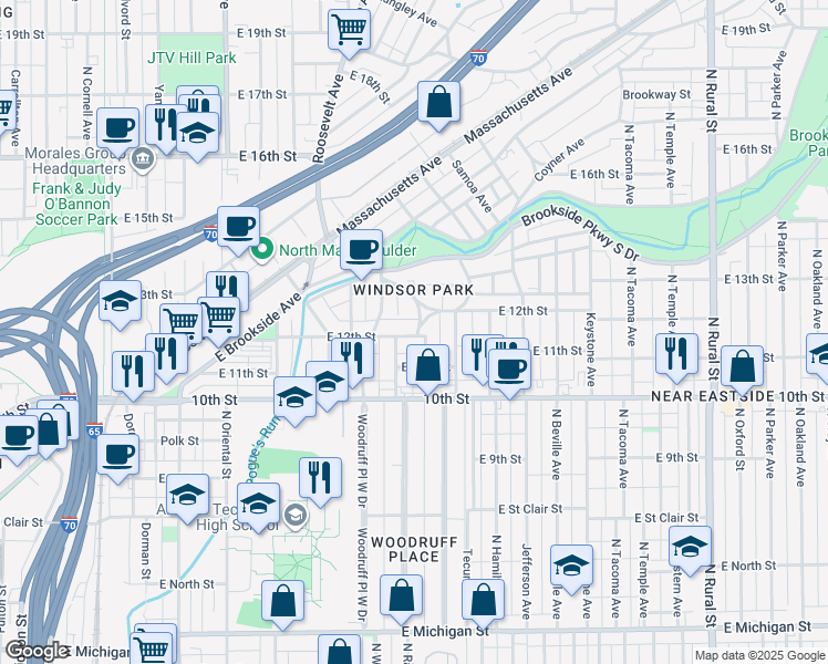 map of restaurants, bars, coffee shops, grocery stores, and more near 1119 Sterling Street in Indianapolis