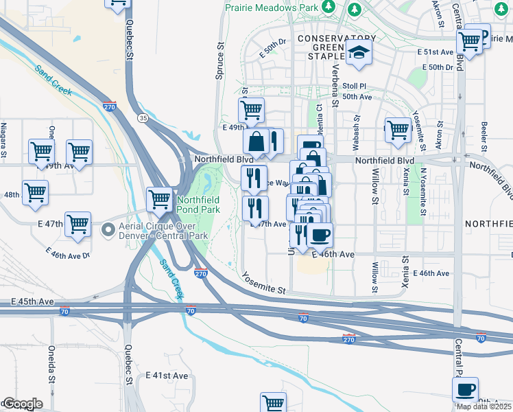map of restaurants, bars, coffee shops, grocery stores, and more near 7930 Northfield Boulevard in Denver