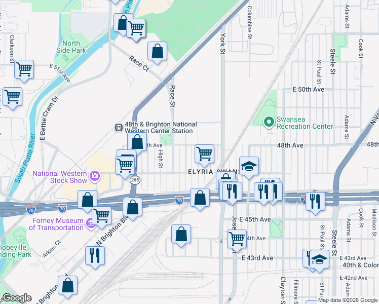 map of restaurants, bars, coffee shops, grocery stores, and more near 4758 1/2 Vine Street in Denver