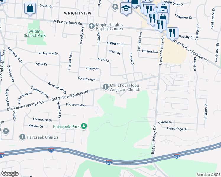 map of restaurants, bars, coffee shops, grocery stores, and more near 2701 Old Yellow Springs Road in Fairborn