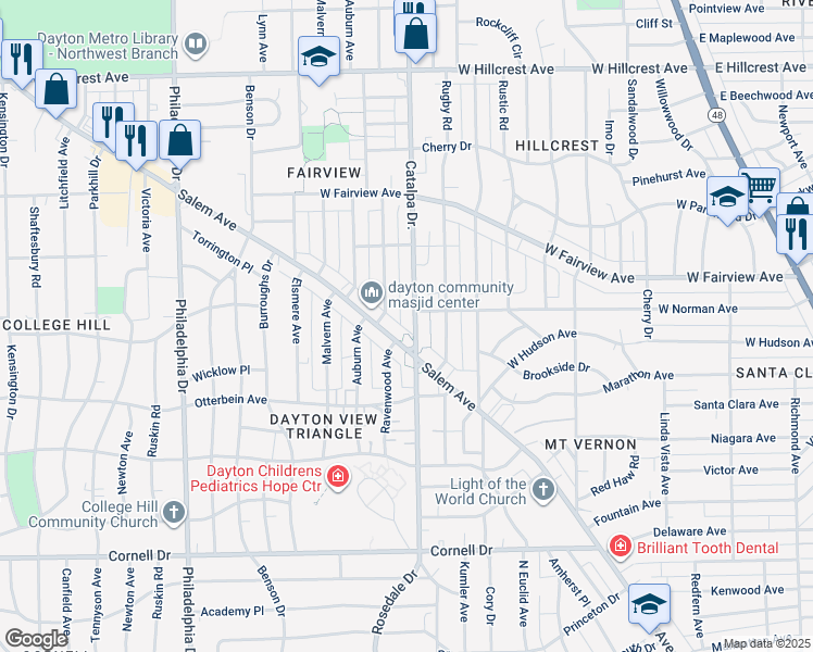 map of restaurants, bars, coffee shops, grocery stores, and more near 2106 Salem Avenue in Dayton