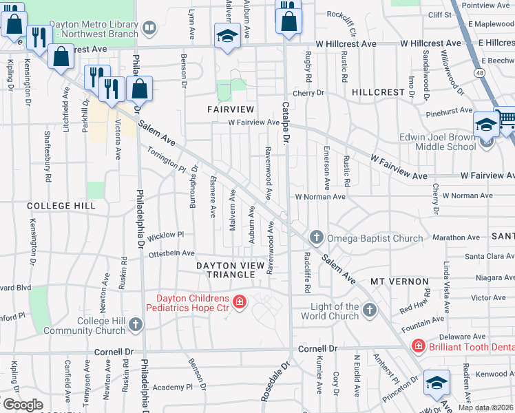 map of restaurants, bars, coffee shops, grocery stores, and more near 1931 Auburn Avenue in Dayton