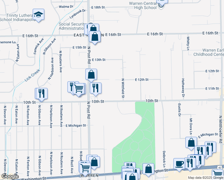 map of restaurants, bars, coffee shops, grocery stores, and more near 9100 East 10th Street in Indianapolis