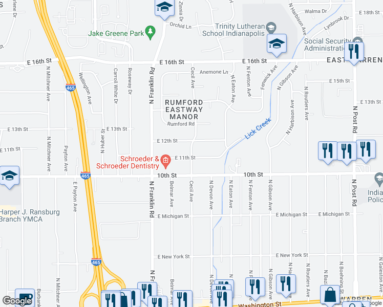 map of restaurants, bars, coffee shops, grocery stores, and more near 8135 East 11th Street in Indianapolis