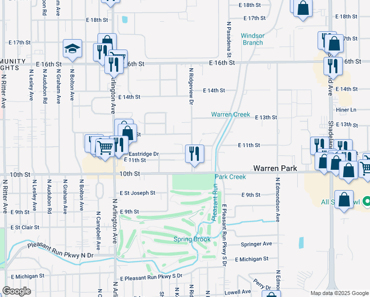 map of restaurants, bars, coffee shops, grocery stores, and more near 1060 North Ridgeview Drive in Indianapolis
