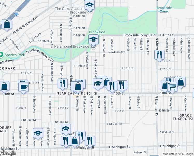 map of restaurants, bars, coffee shops, grocery stores, and more near 1119 North Oakland Avenue in Indianapolis