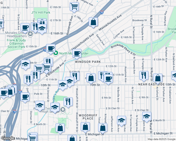 map of restaurants, bars, coffee shops, grocery stores, and more near 1119 Sterling Street in Indianapolis
