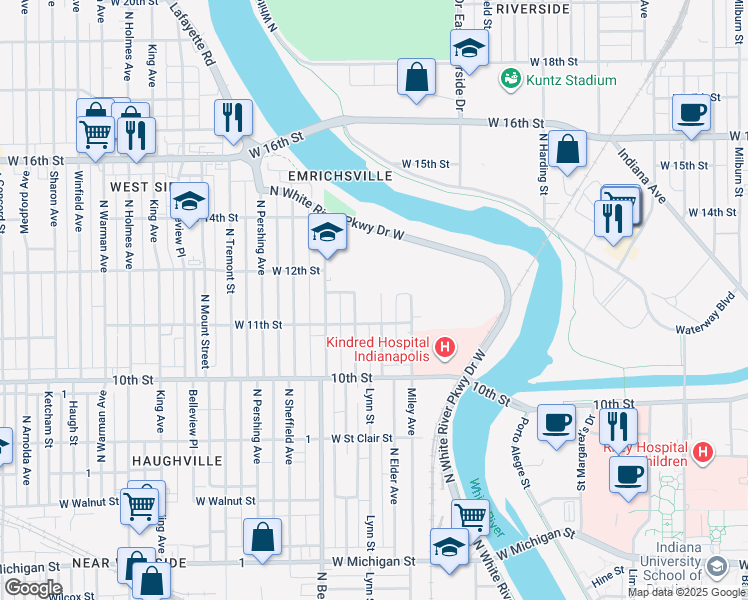 map of restaurants, bars, coffee shops, grocery stores, and more near 1122 North Elder Avenue in Indianapolis