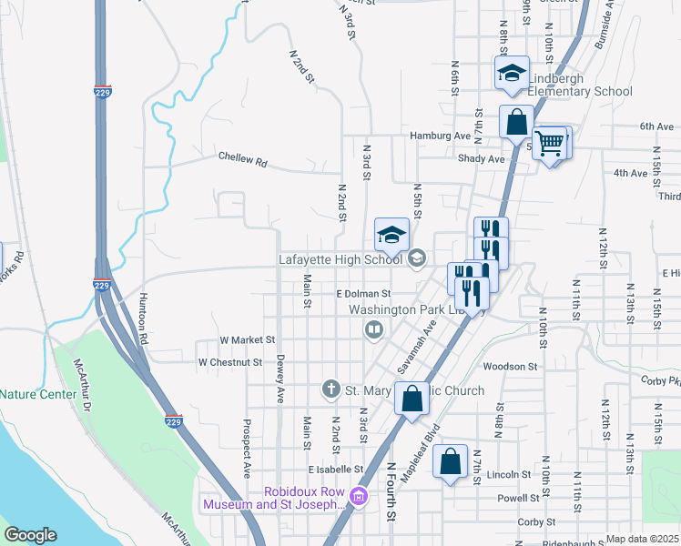 map of restaurants, bars, coffee shops, grocery stores, and more near 202 East Highland Avenue in Saint Joseph