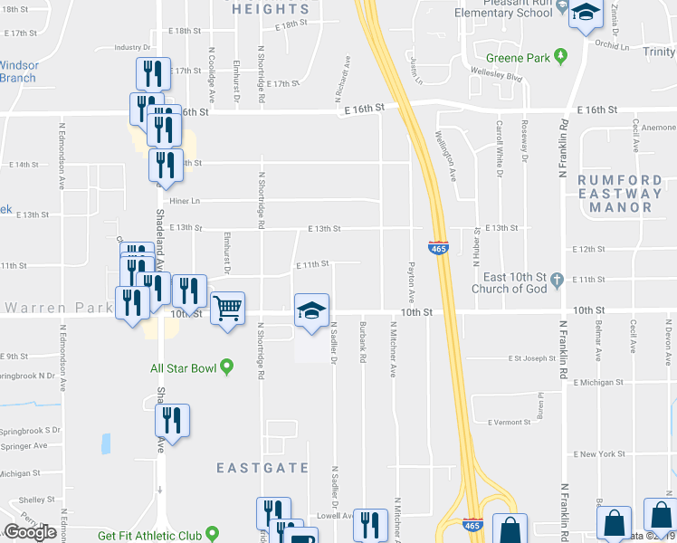 map of restaurants, bars, coffee shops, grocery stores, and more near 7407 East 11th Street in Indianapolis