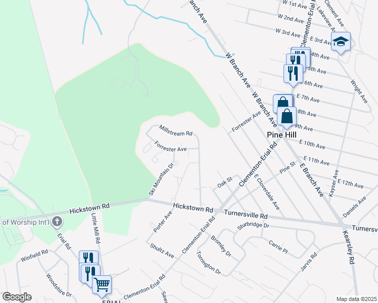 map of restaurants, bars, coffee shops, grocery stores, and more near 1204 Bromley Estate in Pine Hill