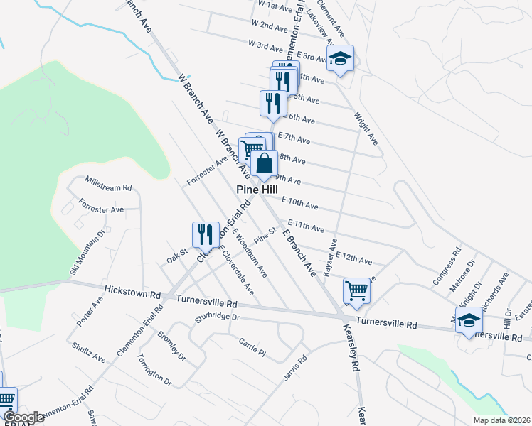 map of restaurants, bars, coffee shops, grocery stores, and more near 24 East Branch Avenue in Clementon