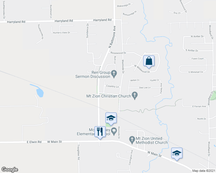 map of restaurants, bars, coffee shops, grocery stores, and more near 1365 Country Lane in Mount Zion