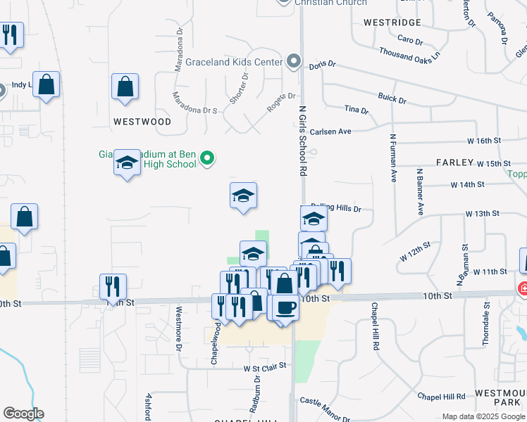 map of restaurants, bars, coffee shops, grocery stores, and more near 1150 North Girls School Road in Indianapolis