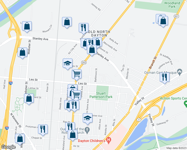 map of restaurants, bars, coffee shops, grocery stores, and more near 1713 Mack Avenue in Dayton