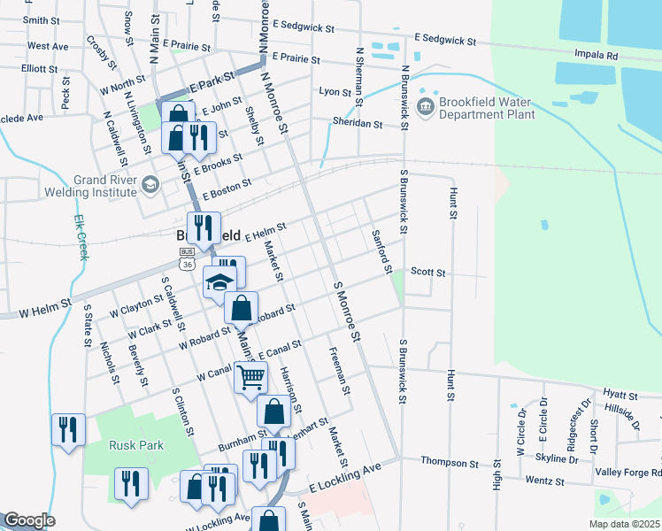 map of restaurants, bars, coffee shops, grocery stores, and more near 300 South Monroe Street in Brookfield