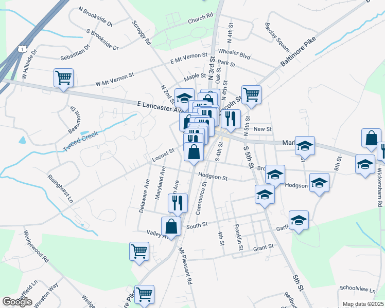map of restaurants, bars, coffee shops, grocery stores, and more near 101 South 3rd Street in Oxford