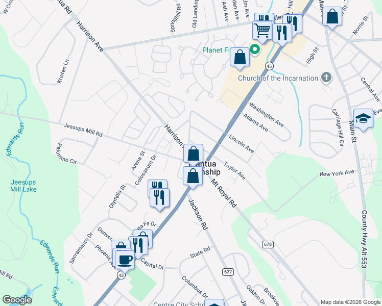 map of restaurants, bars, coffee shops, grocery stores, and more near 494 Harrison Avenue in Gloucester County