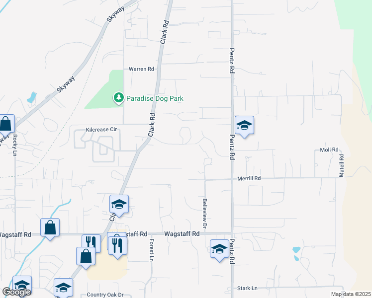 map of restaurants, bars, coffee shops, grocery stores, and more near 1633 Cypress Lane in Paradise