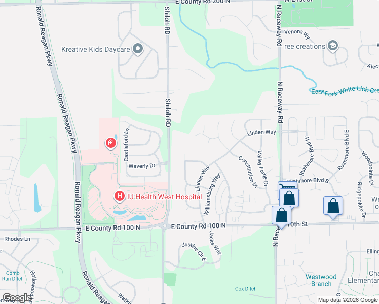 map of restaurants, bars, coffee shops, grocery stores, and more near 10580 Patriot Lane in Indianapolis
