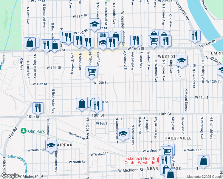 map of restaurants, bars, coffee shops, grocery stores, and more near 1134 North Goodlet Avenue in Indianapolis