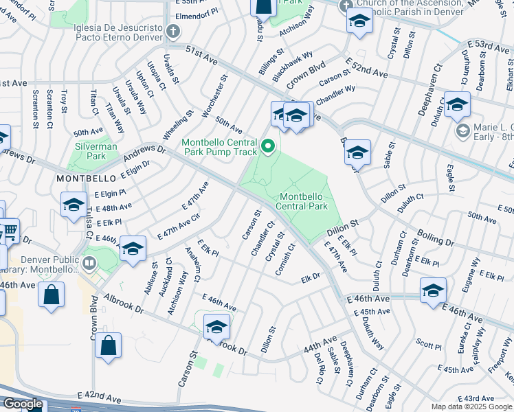 map of restaurants, bars, coffee shops, grocery stores, and more near 4895 Carson Street in Denver