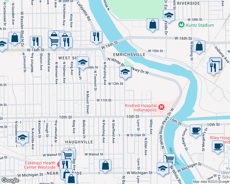map of restaurants, bars, coffee shops, grocery stores, and more near 1111 North Sheffield Avenue in Indianapolis