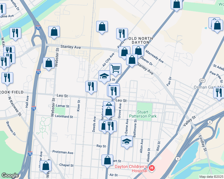 map of restaurants, bars, coffee shops, grocery stores, and more near 1109 Troy Street in Dayton