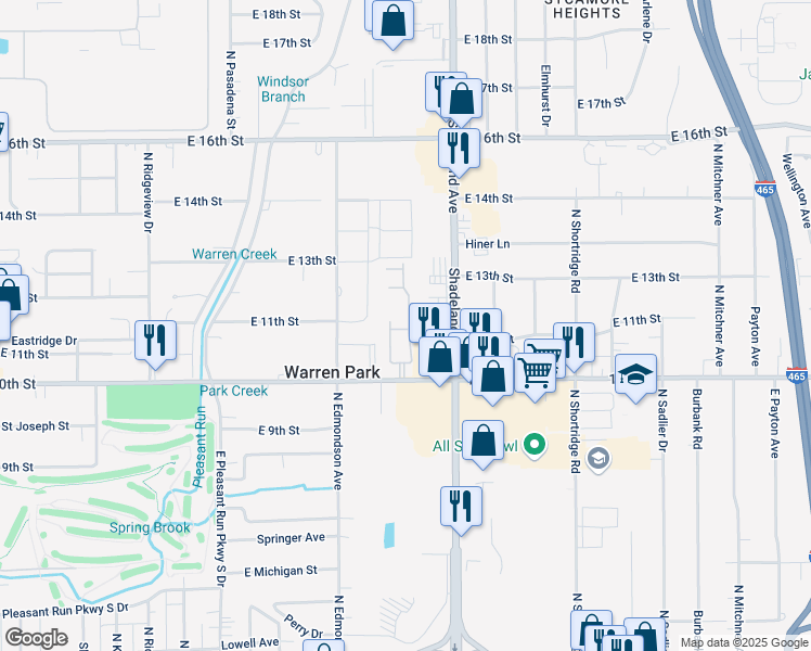 map of restaurants, bars, coffee shops, grocery stores, and more near 1120 Charleston East Drive in Indianapolis