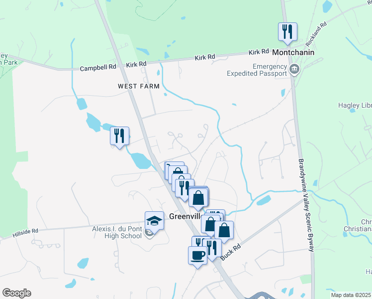 map of restaurants, bars, coffee shops, grocery stores, and more near 4031 Kennett Pike in Greenville