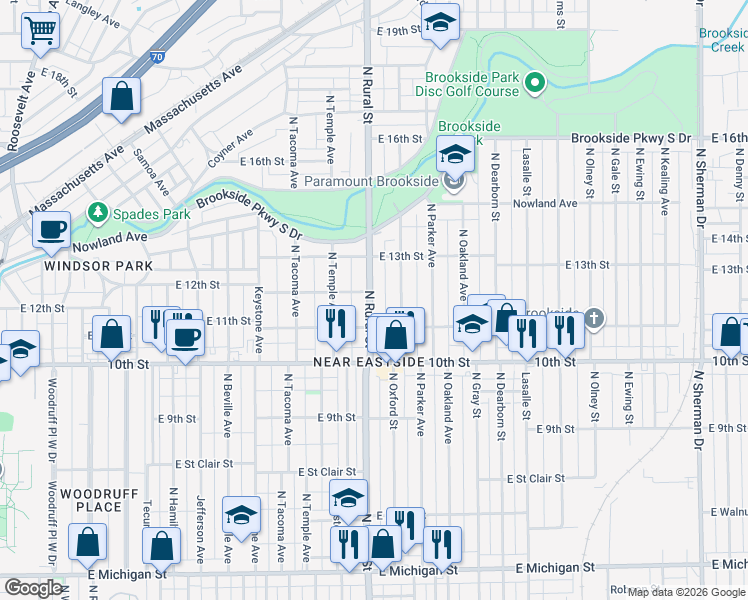 map of restaurants, bars, coffee shops, grocery stores, and more near 1112 North Rural Street in Indianapolis
