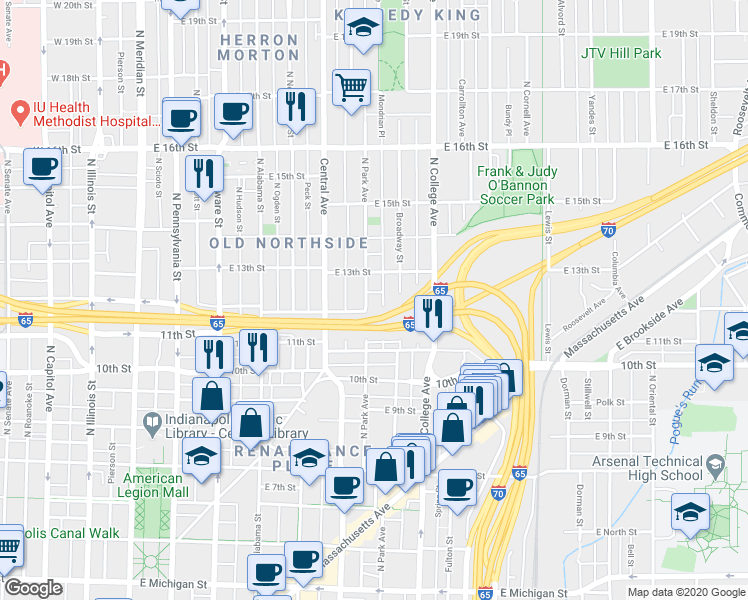 map of restaurants, bars, coffee shops, grocery stores, and more near 1204 North Park Avenue in Indianapolis