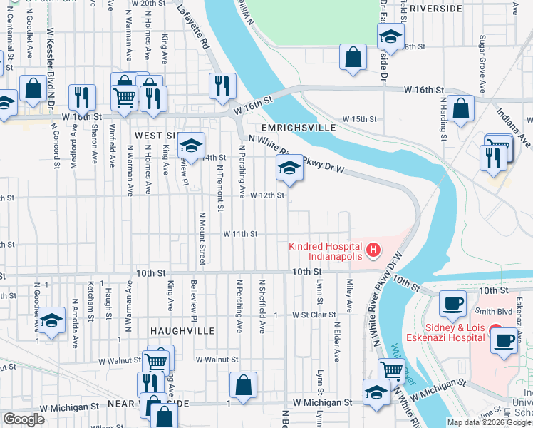 map of restaurants, bars, coffee shops, grocery stores, and more near 1111 North Sheffield Avenue in Indianapolis